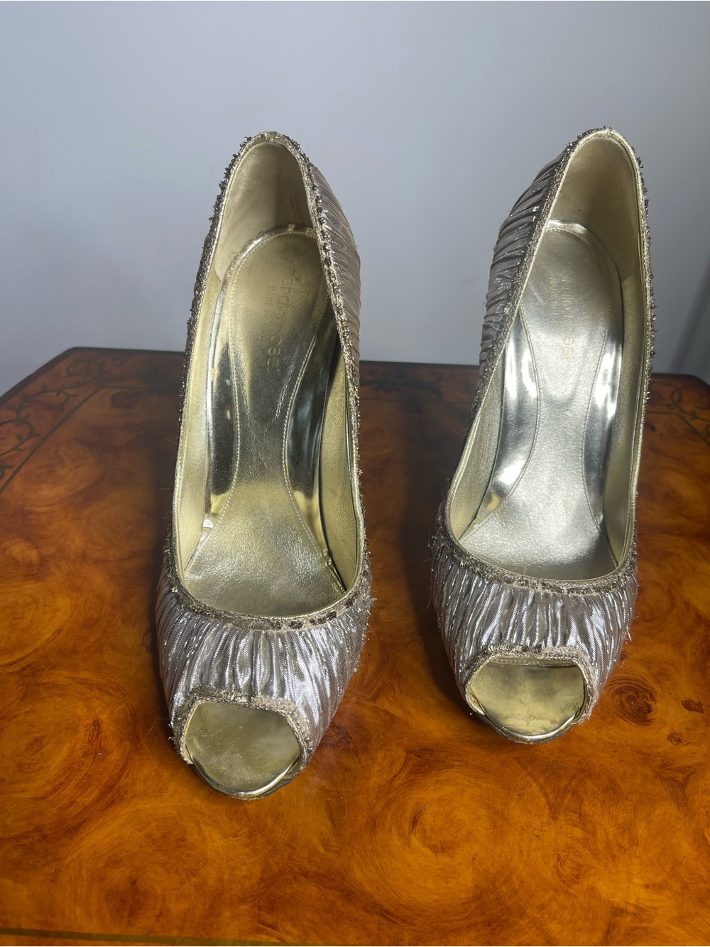 Sergio Rossi Gold Ruched Peep-Toe Heels - Picture 4 of 5